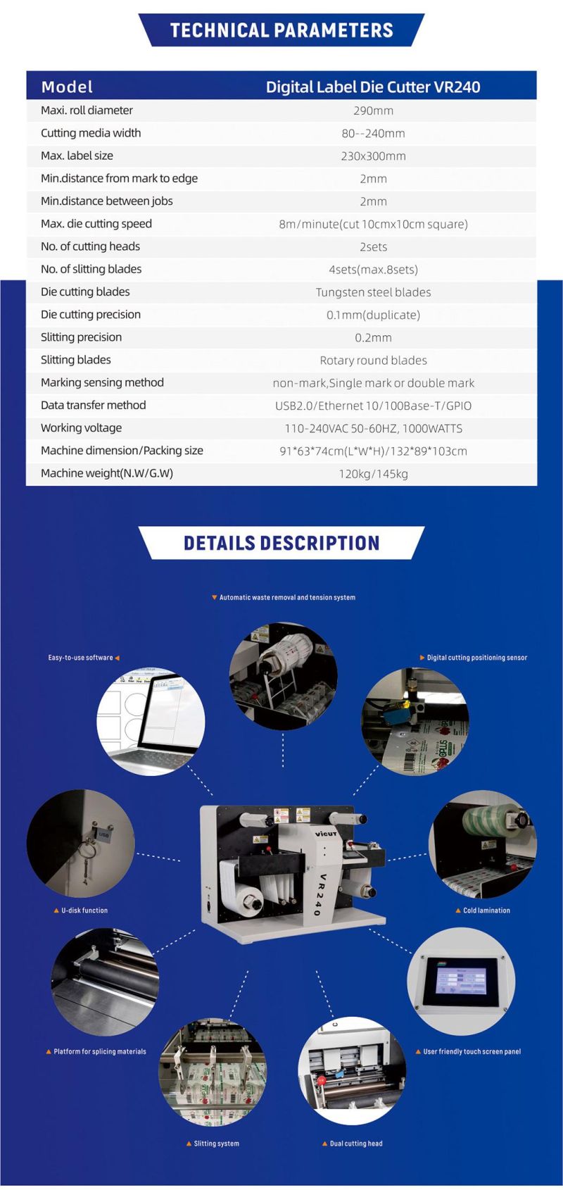 Desktop Digital Label Die Cutter/Automatic Dual Head Gap Control/Slitting/Laminating Supported Vr240