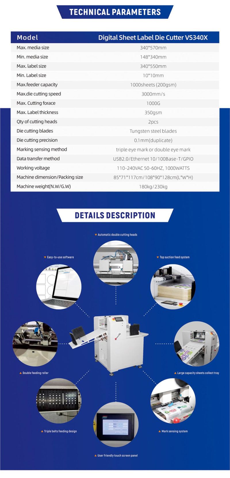 Multi Sheet Cutter / Auto Feeding Label Die Cutter with Double Heads Vs340X