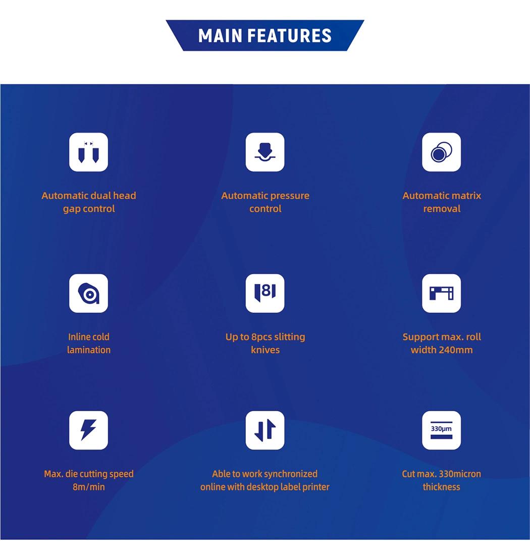 Max 240mm Roll Width/8m/Min Die Cutting Speed/330 Micron Thickness/Work Synchronized Online with Desktop Printer